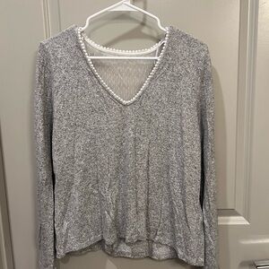 French brand NAF NAF Gray Long Sleeve Blouse with white sheer and lace details